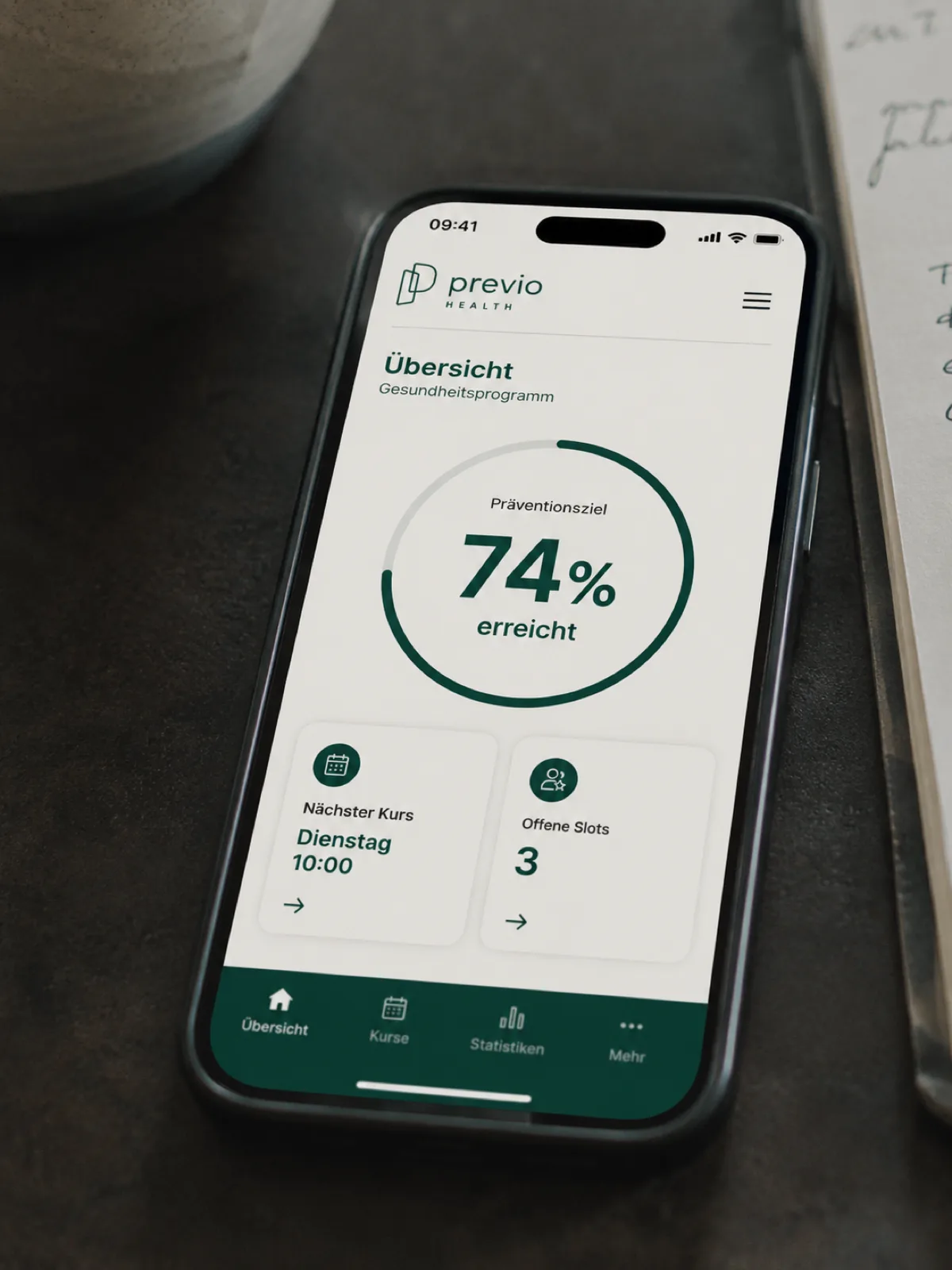 Mockup: Mitarbeitenden-App mit Präventionsziel und Kursterminen