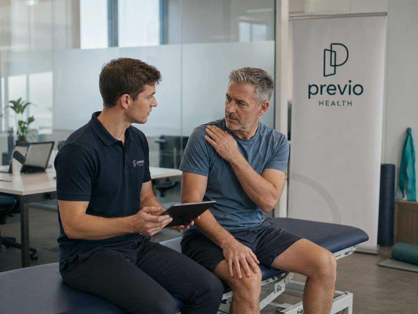 Physiotherapeutin im persönlichen Gespräch mit einer Mitarbeiterin am Arbeitsplatz